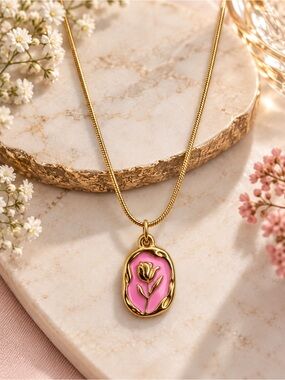 Gold Tone Pink Enamel Rose Floral Pendant Necklace Boho Romantic Jewelry